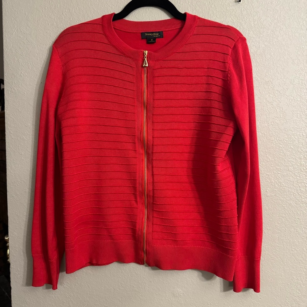 Tenney Rose Women’s Red Zip-Front Knit Cardigan Sweater Size Small Long Sleeves